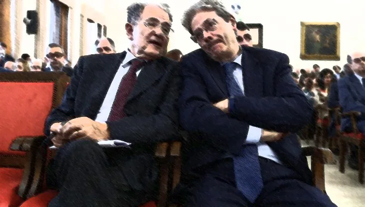 Delrio e Gentiloni durante un convegno politico sul futuro del centro in Italia.
