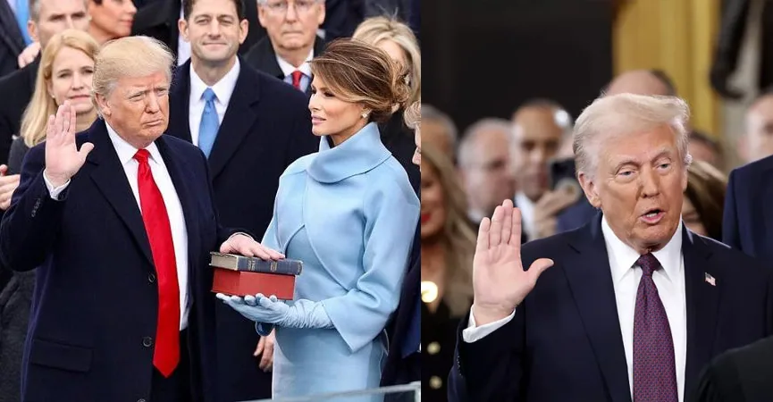 Donald Trump durante il giuramento presidenziale con la mano sulla Bibbia tenuta da Melania Trump, circondato da membri del governo e funzionari.