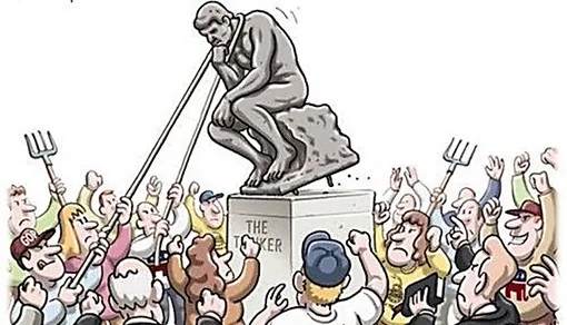 Vignetta satirica che mostra una folla inferocita intenta a rovesciare la statua del Pensatore di Rodin, simbolo dell’attacco alla riflessione e alla cultura da parte dell’anti-intellettualismo