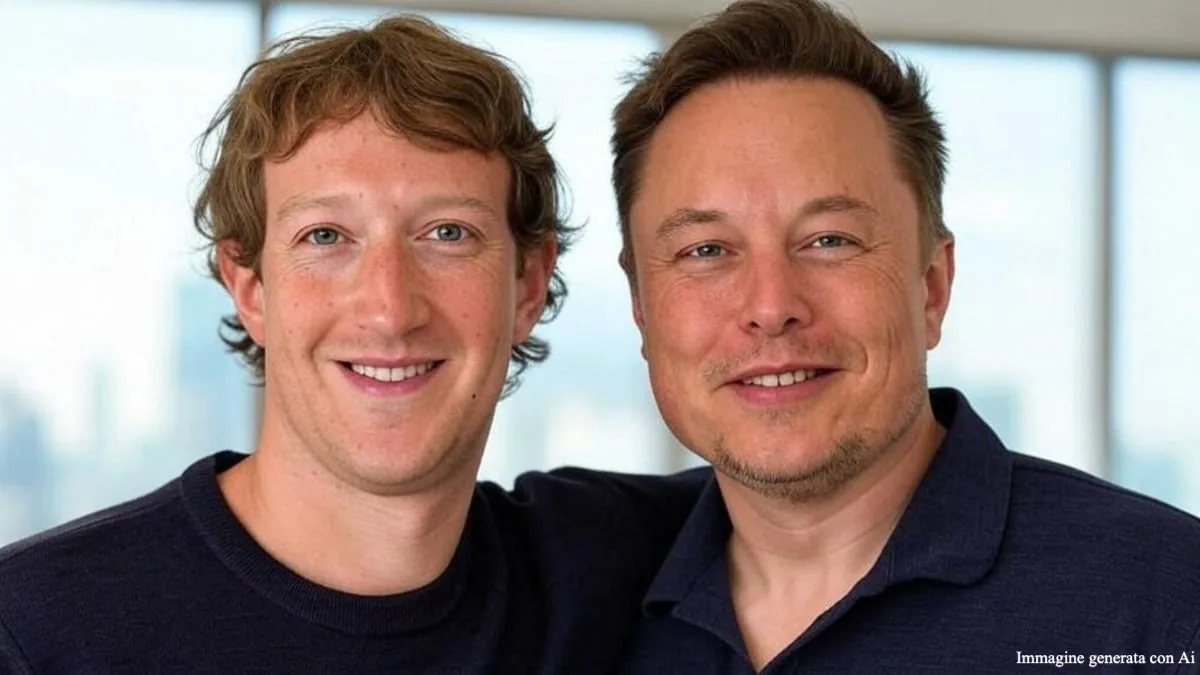 Due imprenditori tecnologici, Musk e Zuckerberg, sorridono insieme in un ambiente moderno e luminoso.