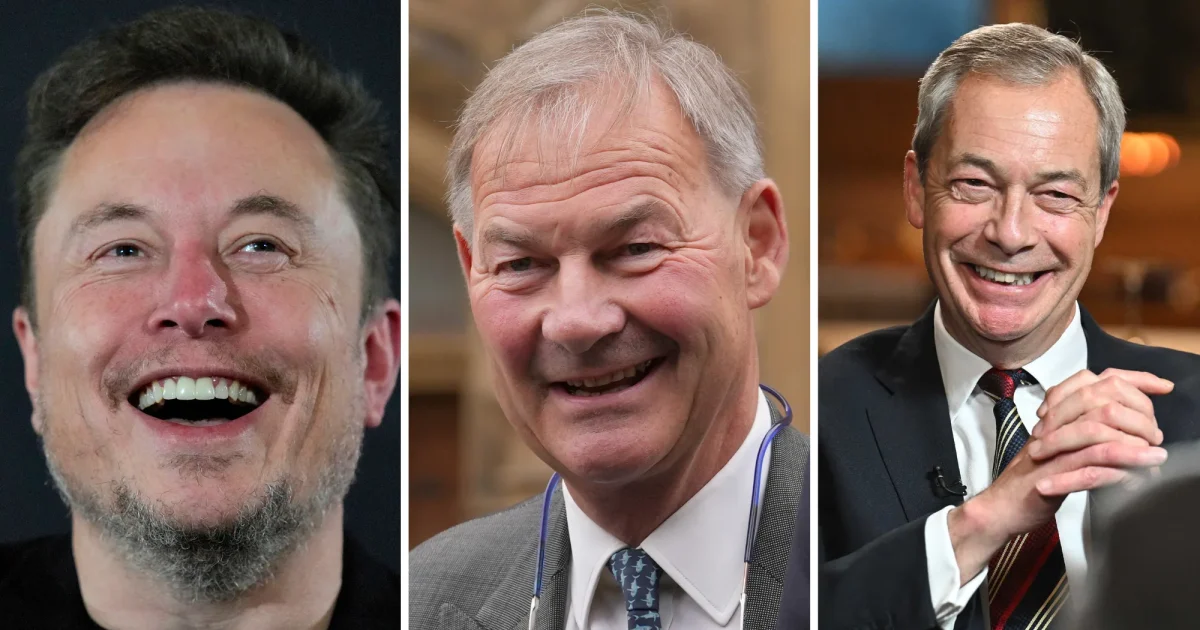 "Montaggio con Elon Musk, Rupert Lowe e Nigel Farage sorridenti in tre riquadri separati."
