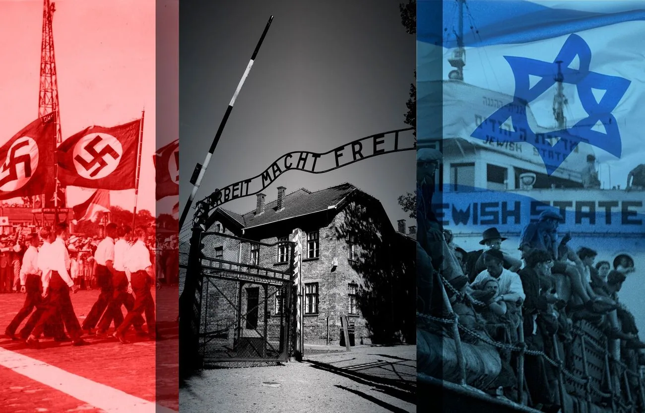 Composizione visiva con bandiere naziste a sinistra, cancello di Auschwitz al centro, bandiera israeliana e stella di David a destra