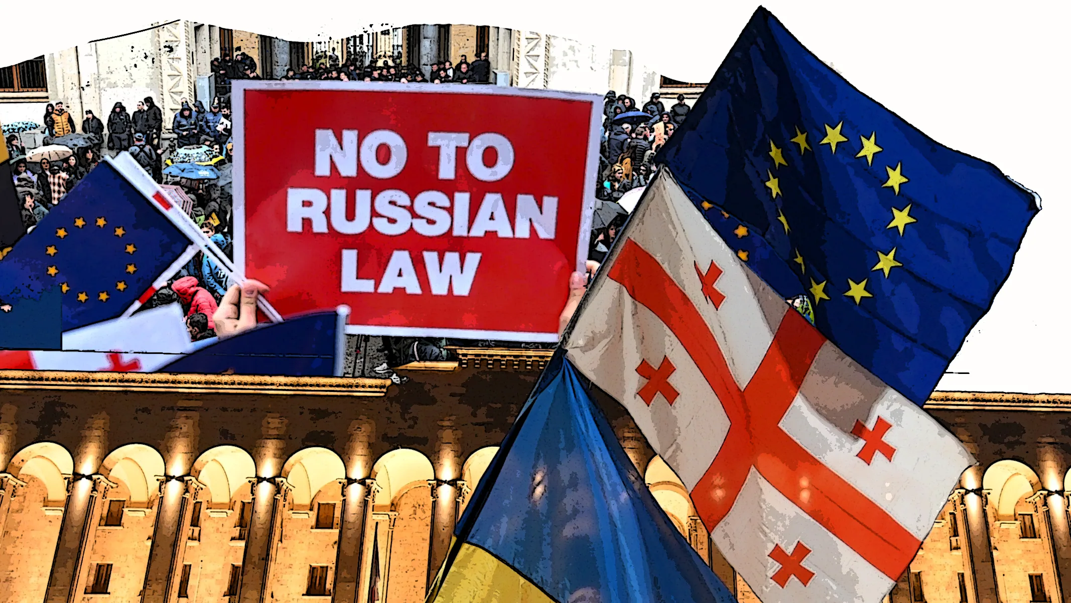 Proteste in Georgia contro la legge filorussa, con cartelli 'No to Russian law' e bandiere georgiane ed europee