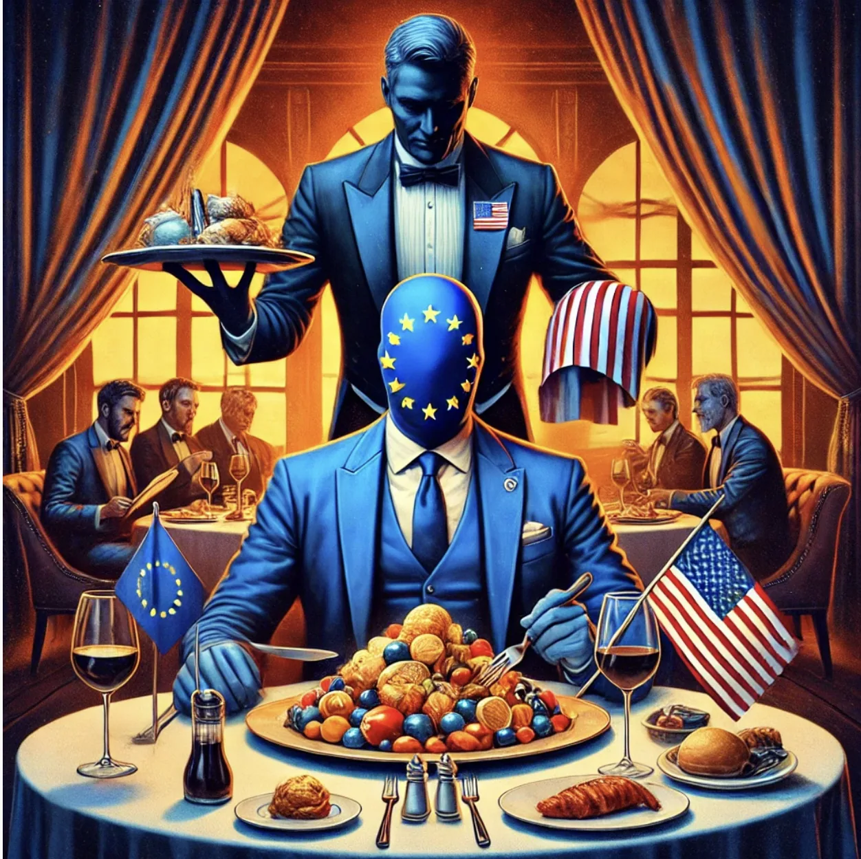Illustrazione satirica dell'Europa a tavola servita dagli Stati Uniti, simbolo del rapporto di dipendenza strategica e della crisi dell'egemonia americana.