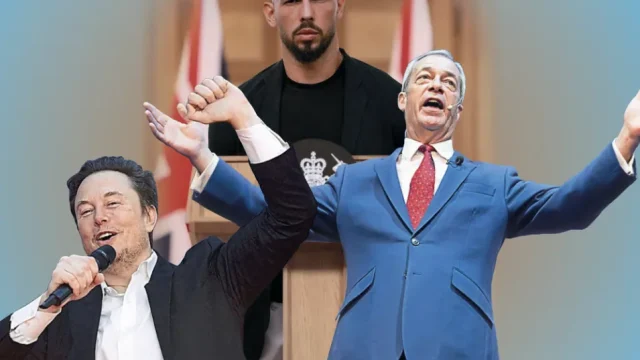 Elon Musk, Andrew Tate e Nigel Farage simboli dell’estrema destra e della propaganda sulla mascolinità tossica e la disinformazione.