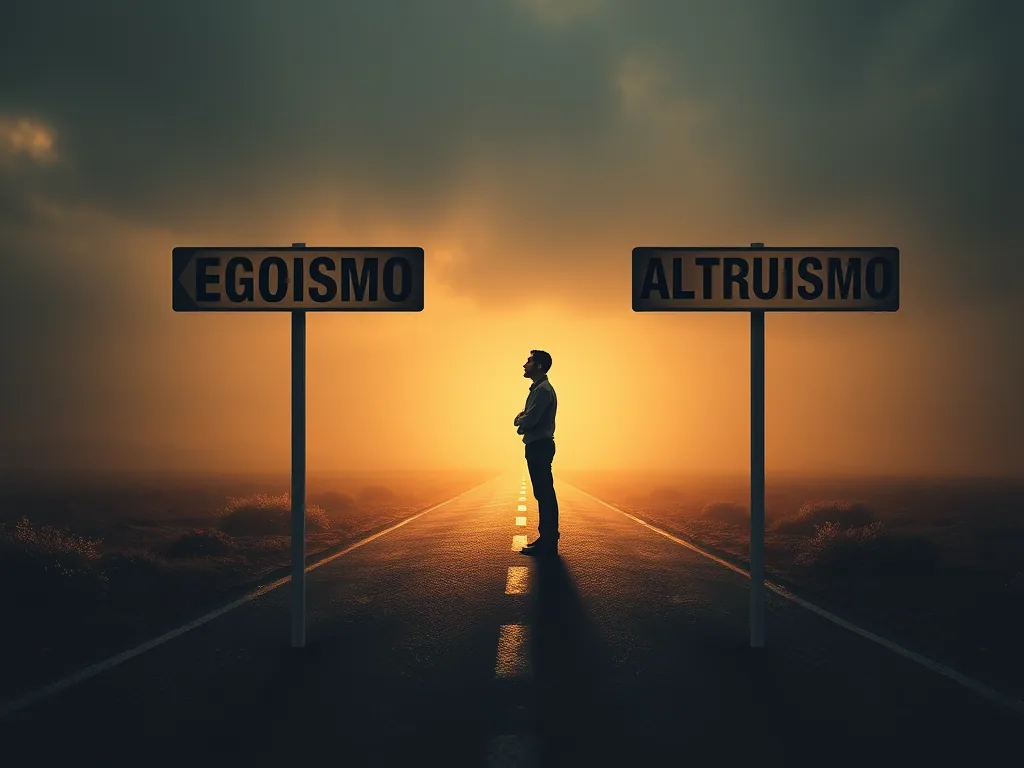 Persona in piedi al bivio tra due strade con cartelli “Egoismo” e “Altruismo”, al tramonto, simbolo di scelta morale ed etica.