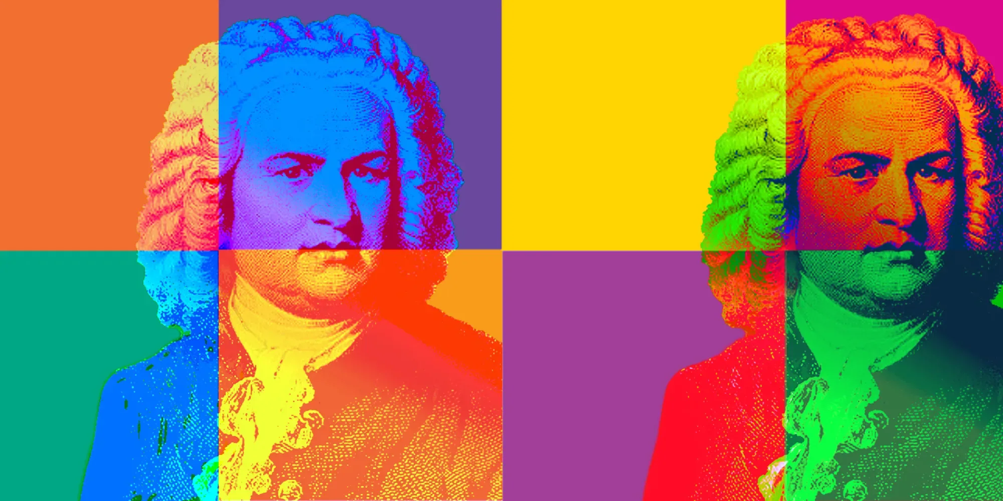 Ritratto pop art di Johann Sebastian Bach in stile Andy Warhol, con colori vivaci a contrasto su sfondo a blocchi quadrati.