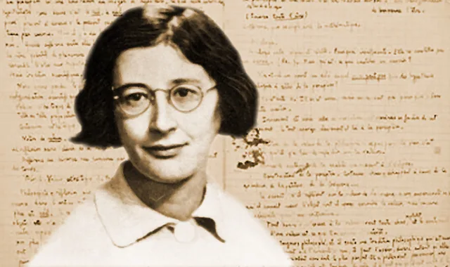 Ritratto di Simone Weil con sfondo manoscritto, pensatrice francese del Novecento nota per il suo impegno etico, filosofico e spirituale