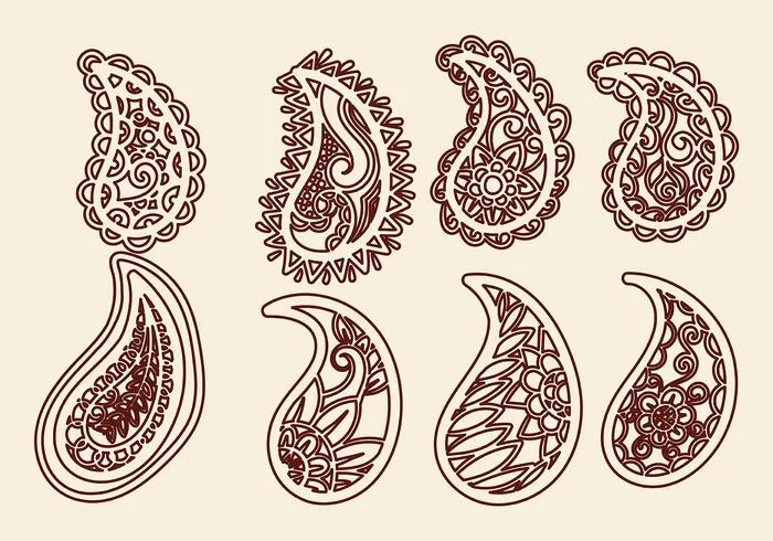 Illustrazione di otto motivi decorativi Paisley, in stile tradizionale, con disegni intricati a forma di goccia ricurva su sfondo beige