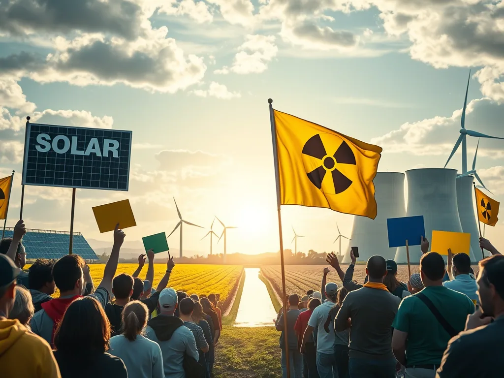 Manifestanti con cartelli a favore dell'energia solare e del nucleare, sullo sfondo pale eoliche e una centrale, simbolo del dibattito energetico.