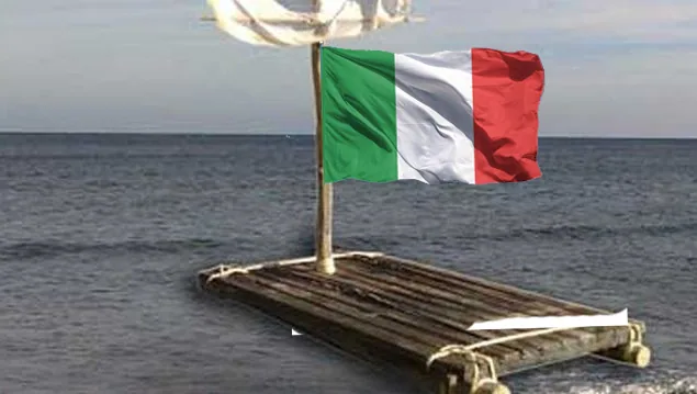 Zattera alla deriva con bandiera italiana al centro del mare, simbolo della crisi e dell’incertezza del Paese