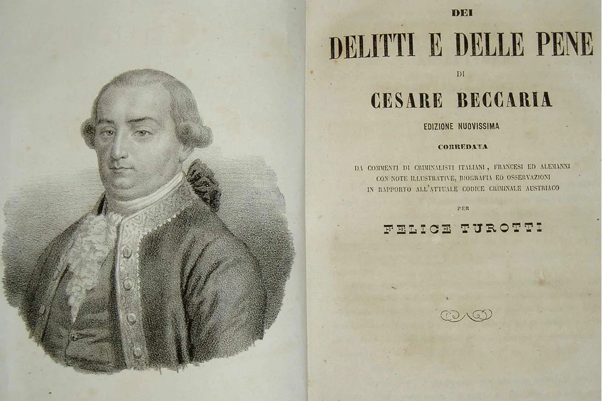 Ritratto di Cesare Beccaria e copertina del libro "Dei delitti e delle pene", opera chiave dell'illuminismo giuridico e del garantismo penale.