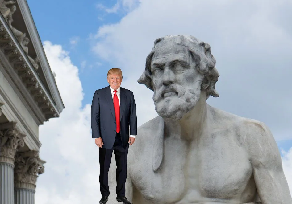 Donald Trump accanto alla statua di Tucidide, simbolo del confronto geopolitico moderno tra potenze
