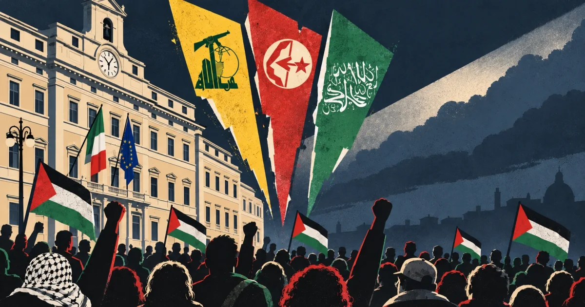 La piazza "contro il ddl antisemitismo" inneggia ad Hamas e Hezbollah