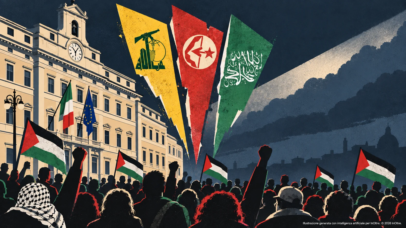 La piazza "contro il ddl antisemitismo" inneggia ad Hamas e Hezbollah