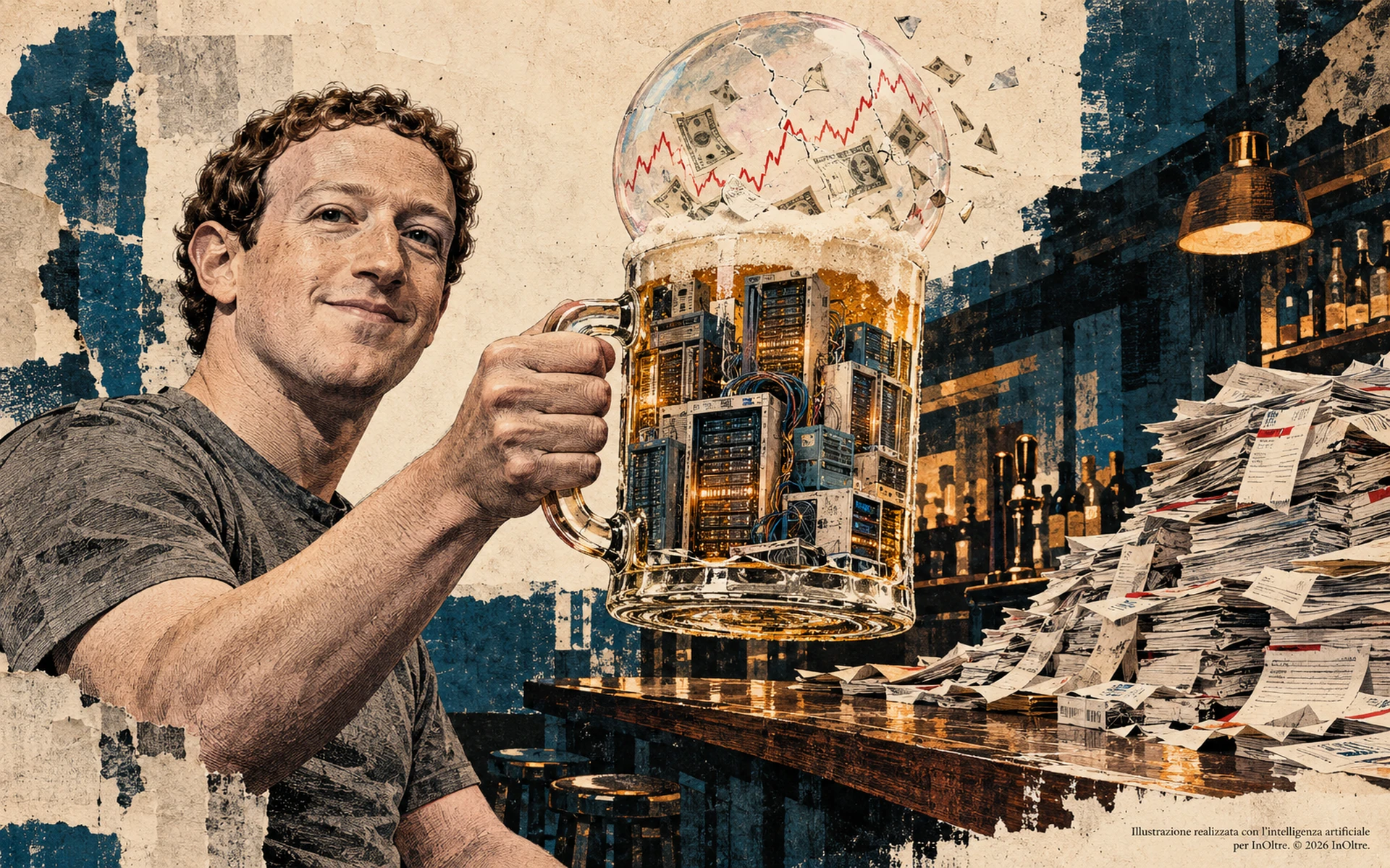 Mark Zuckerberg brinda con un boccale pieno di server. Sopra la schiuma, una bolla incrinata contiene banconote e un grafico rosso. Sul bancone si accumulano fatture e documenti.
