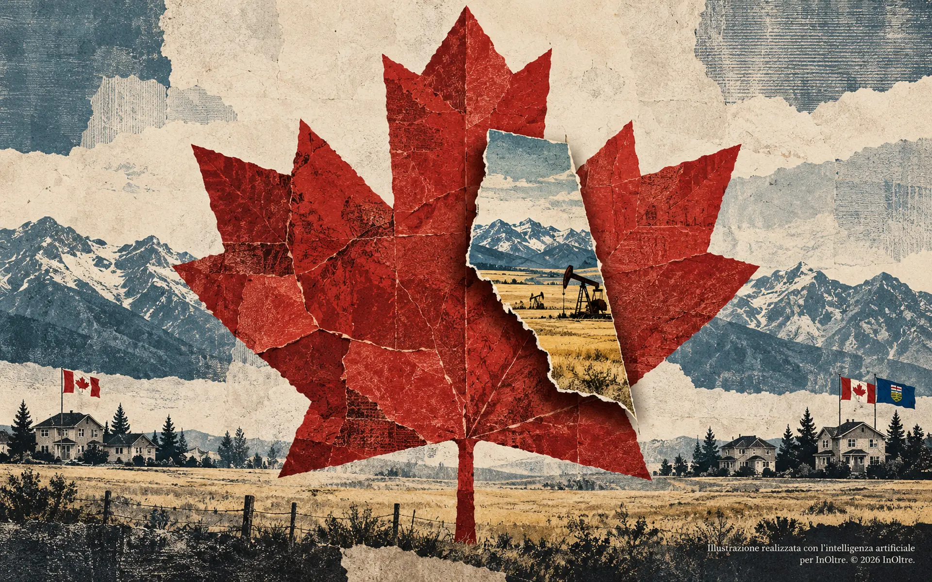 Una foglia d’acero rossa in carta strappata racchiude il profilo dell’Alberta, con praterie, montagne e pompe petrolifere, simbolo del legame con il Canada.