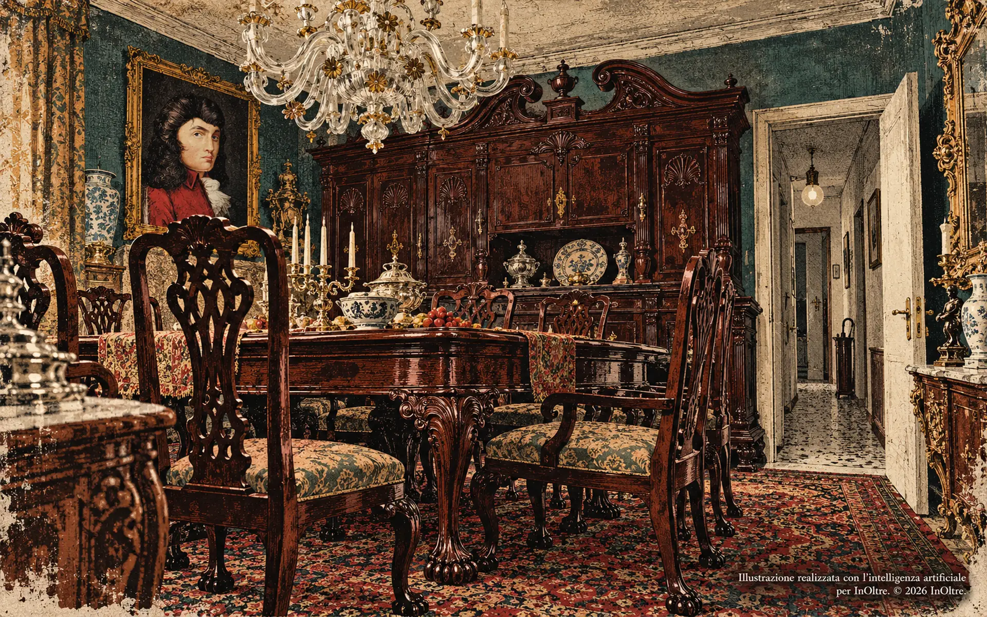 Piccola sala da pranzo ingombra di mobili monumentali in stile Chippendale, con un grande lampadario e il ritratto allegato sulla parete.