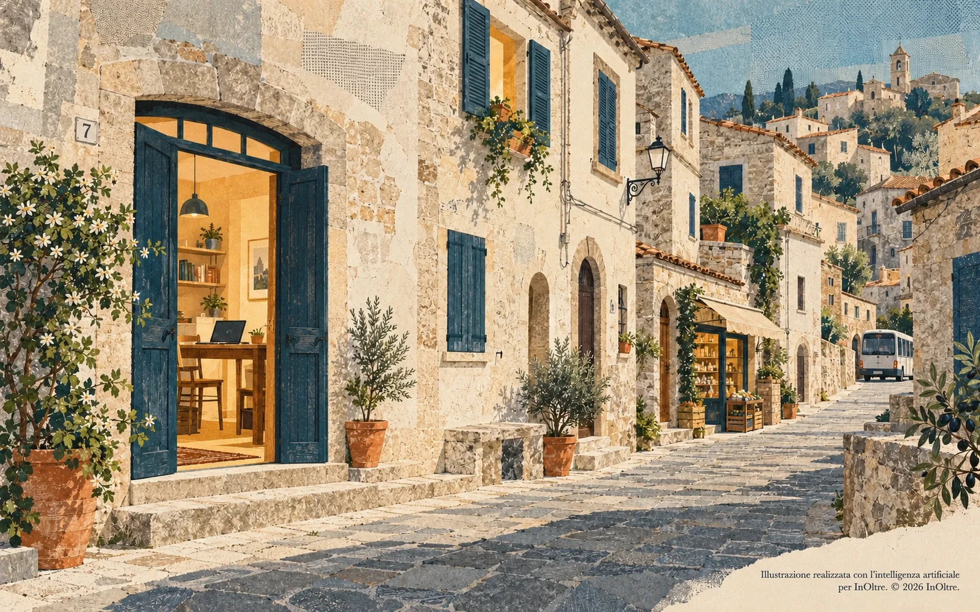 Strada in pietra di un borgo del Sud, con una casa aperta e un computer sulla scrivania, piante in vaso, una bottega illuminata e un minibus sullo sfondo.