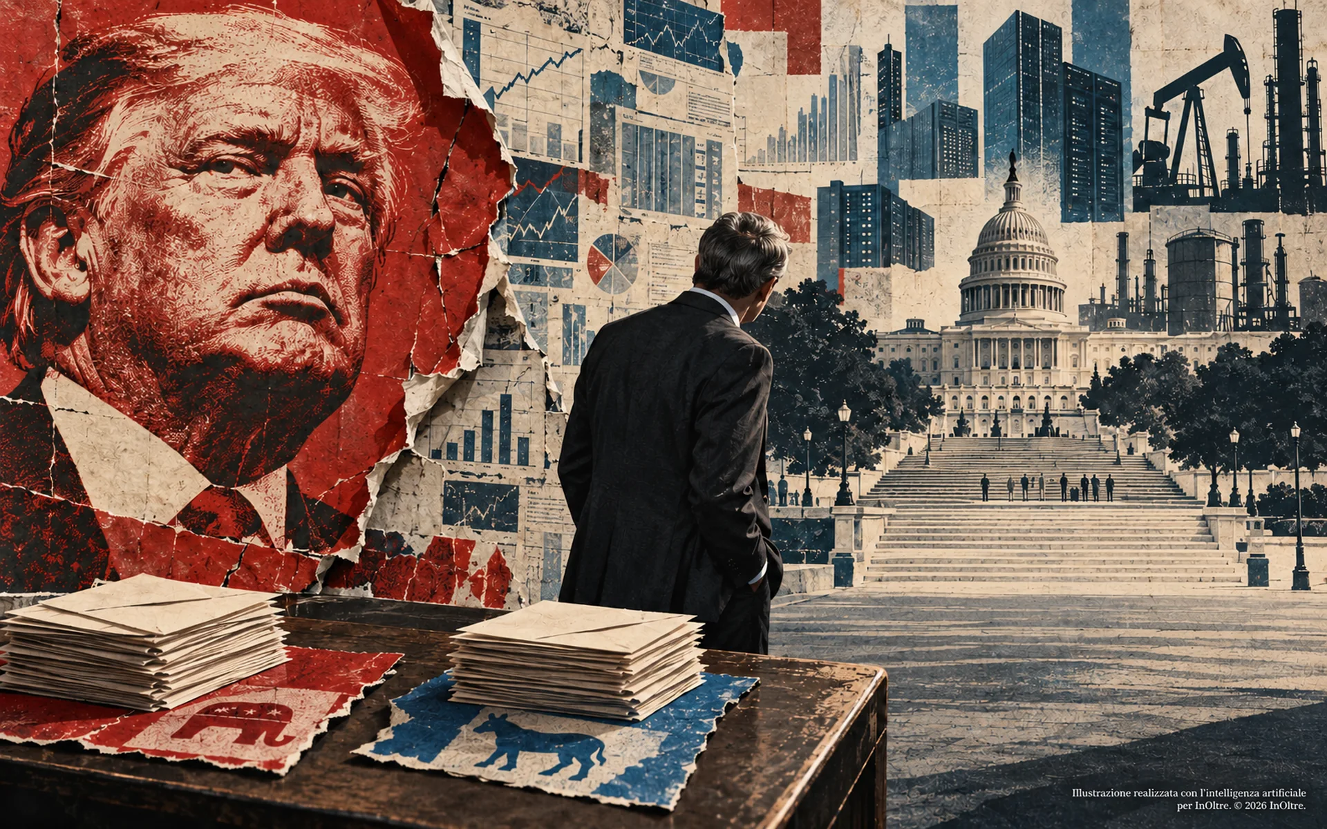 Un dirigente di spalle osserva il Campidoglio, accanto a un manifesto lacerato di Trump e a buste per donazioni ai partiti americani.