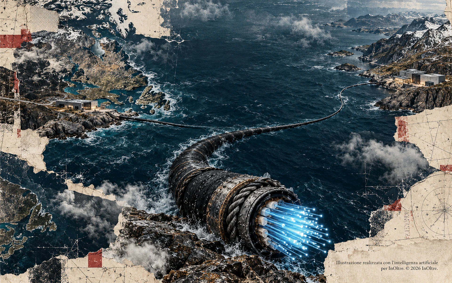Un cavo sottomarino con fibre ottiche azzurre in primo piano attraversa l’oceano tra due coste rocciose con infrastrutture digitali, in un collage di carte nautiche e texture consumate.