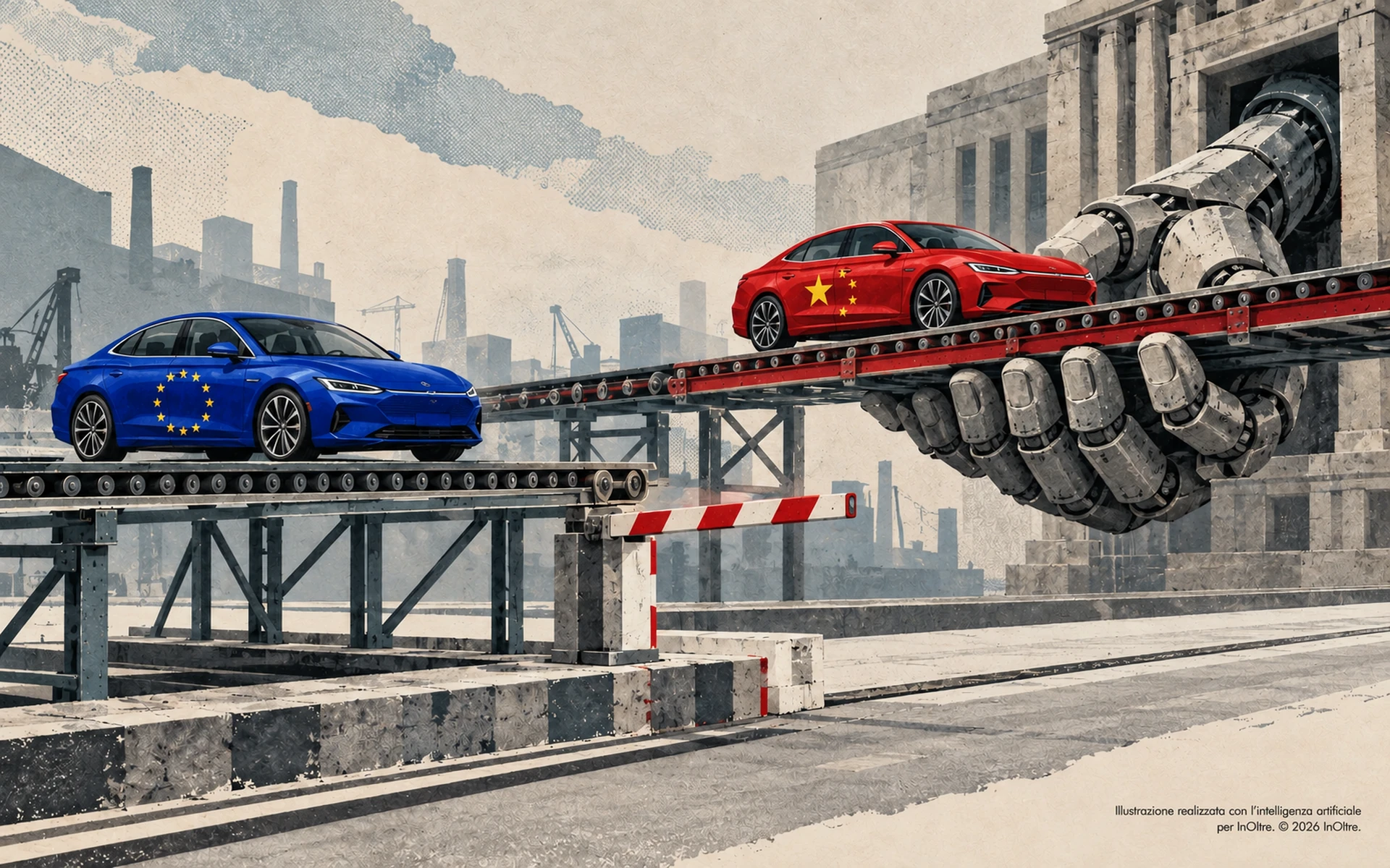 Due auto con le livree delle bandiere dell’Unione europea e della Cina su nastri di produzione paralleli. Una gigantesca mano meccanica sostiene il nastro dell’auto cinese.