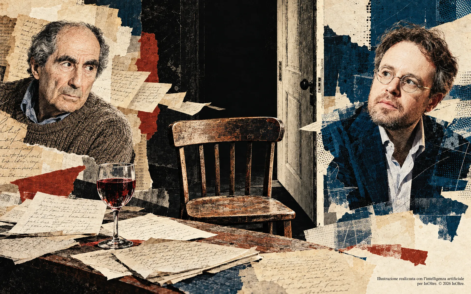 Philip Roth e Joshua Cohen ai lati di una sedia vuota davanti a una porta socchiusa, con pagine manoscritte e un calice di vino sul tavolo.