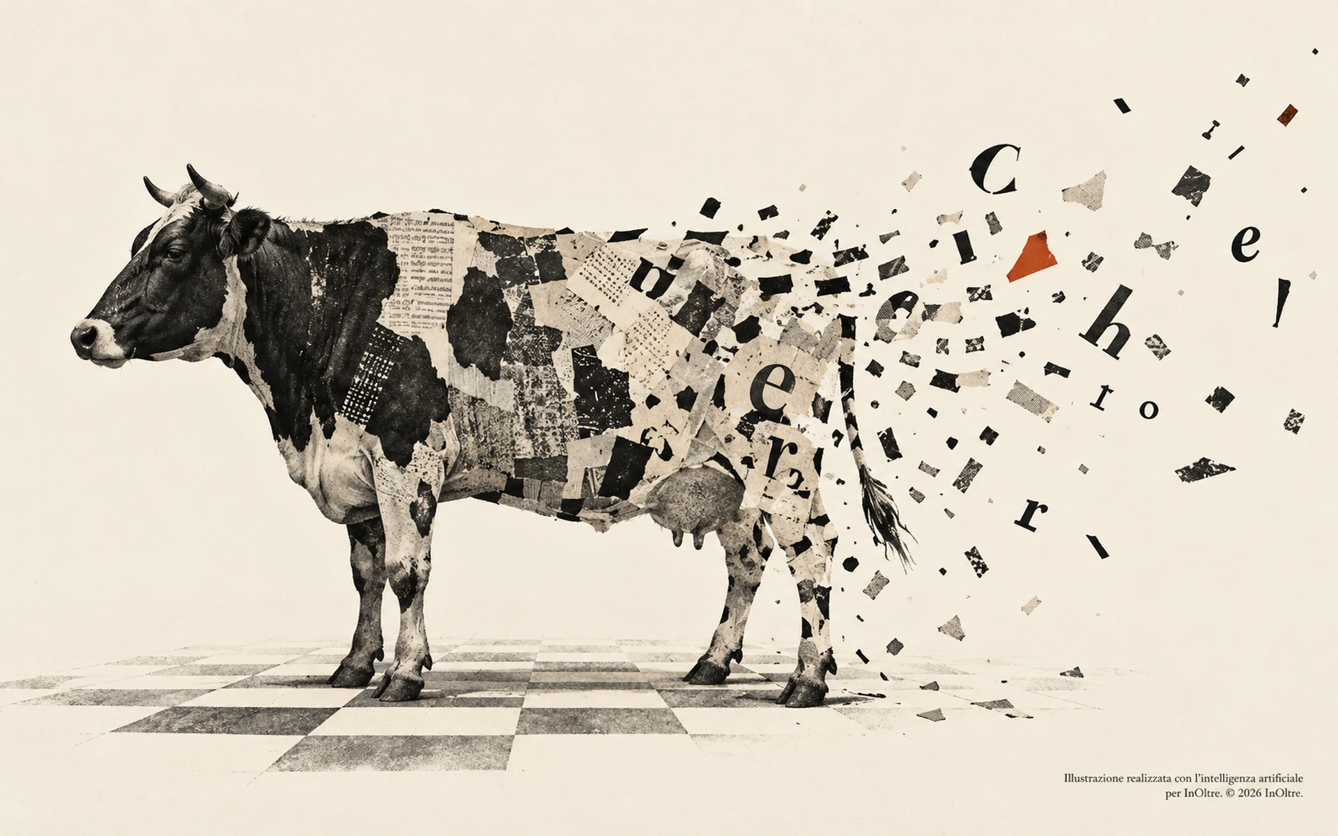 Una mucca composta da ritagli di carta stampata, sopra un pavimento a scacchi, si dissolve verso la coda in lettere e frammenti su fondo avorio.