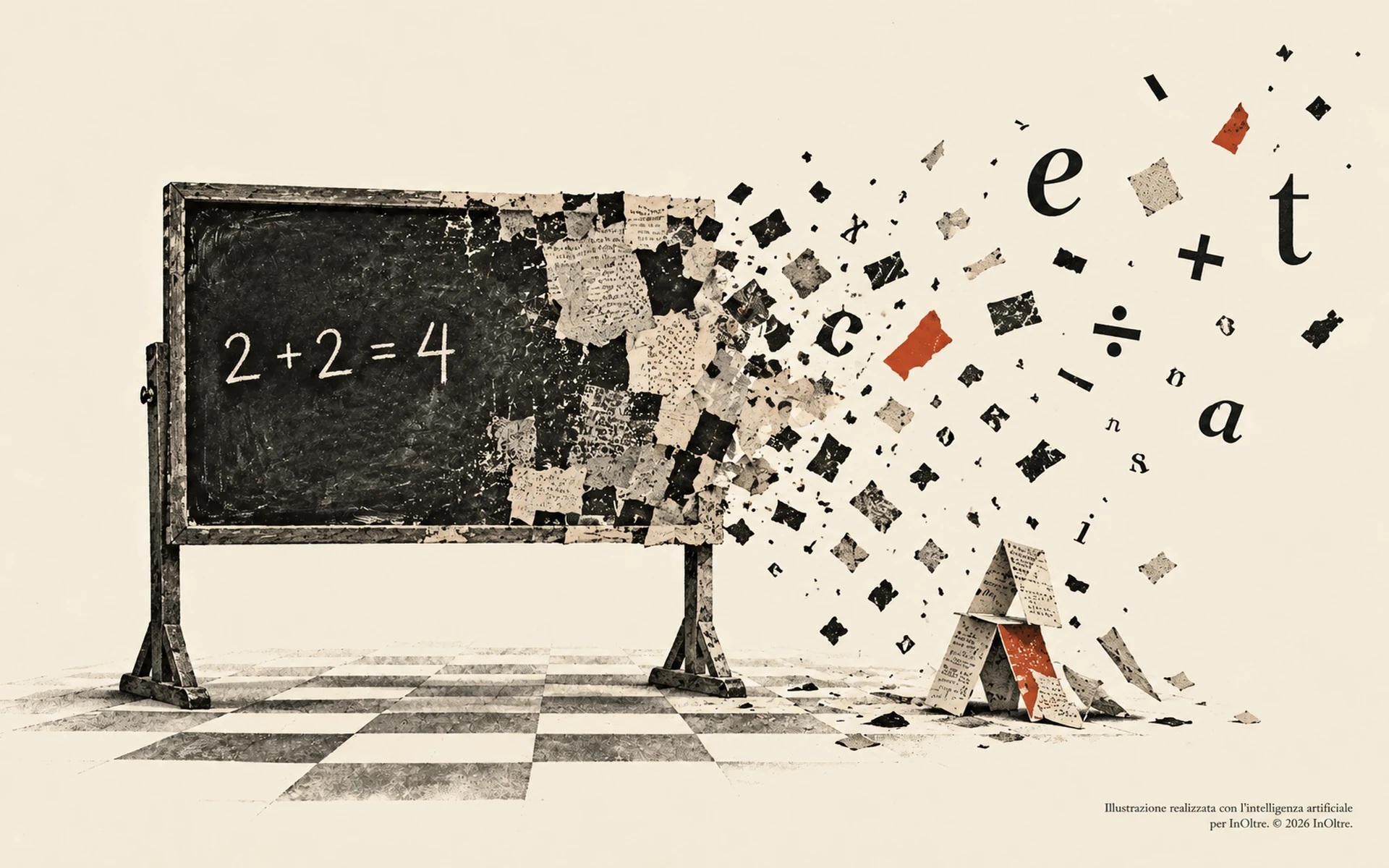 Una lavagna con la scritta “2 + 2 = 4” su un pavimento a scacchiera si dissolve verso destra in lettere, simboli e frammenti di carta. Ai suoi piedi, un piccolo castello di fogli stampati sta cedendo.