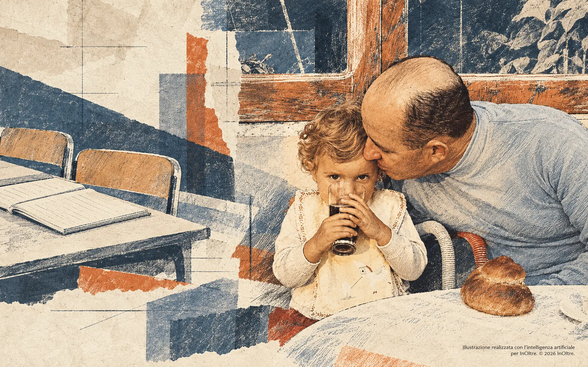 Un padre bacia la tempia della figlia mentre lei beve da un bicchiere; la scena familiare si intreccia con un banco scolastico, un quaderno e due sedie.