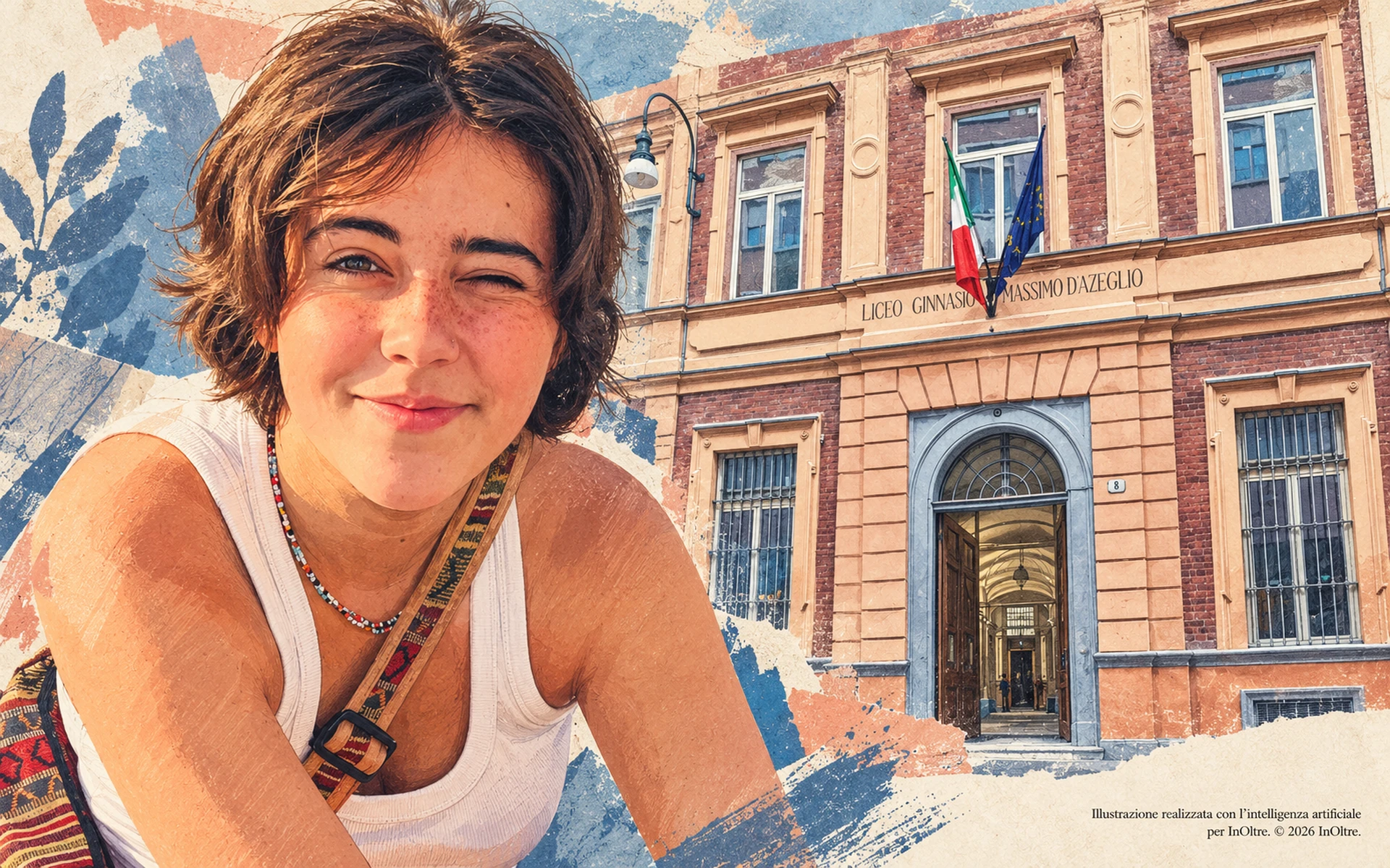 Ritratto illustrato di Emilia Bruno sulla sinistra, accostato alla facciata del liceo Massimo d’Azeglio di Torino, con il portone aperto e le bandiere italiana ed europea.