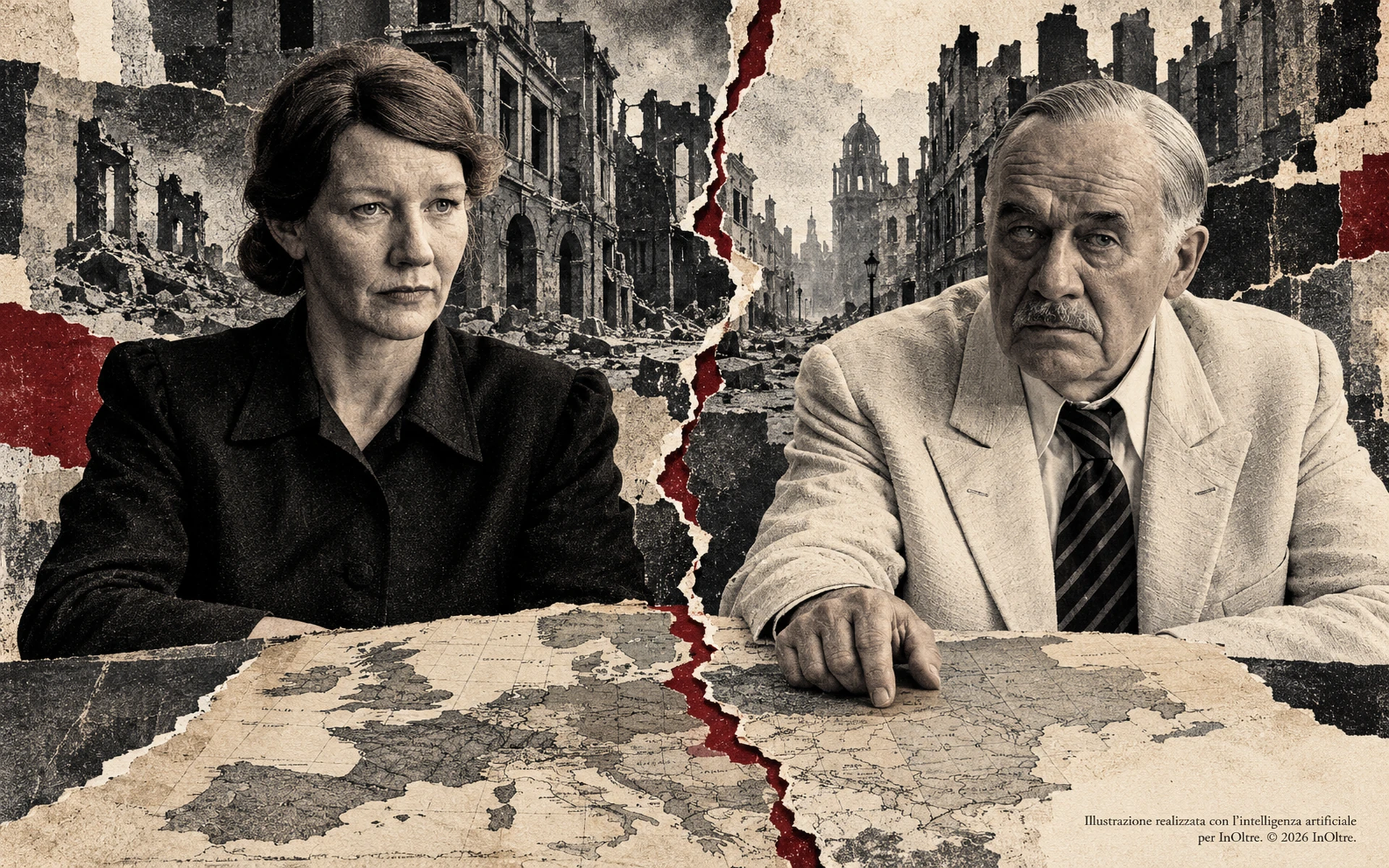 Thomas Mann ed Erika davanti a una carta dell’Europa lacerata; sullo sfondo, lo strappo divide una città devastata dalla guerra.