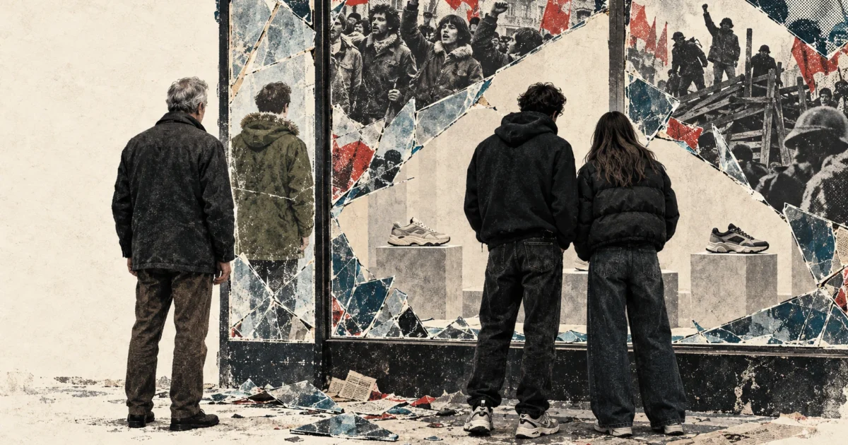 Due giovani di spalle osservano sneakers in una vetrina infranta, i cui frammenti mostrano cortei degli anni Settanta. Accanto, un uomo brizzolato si riflette come un giovane in eskimo.