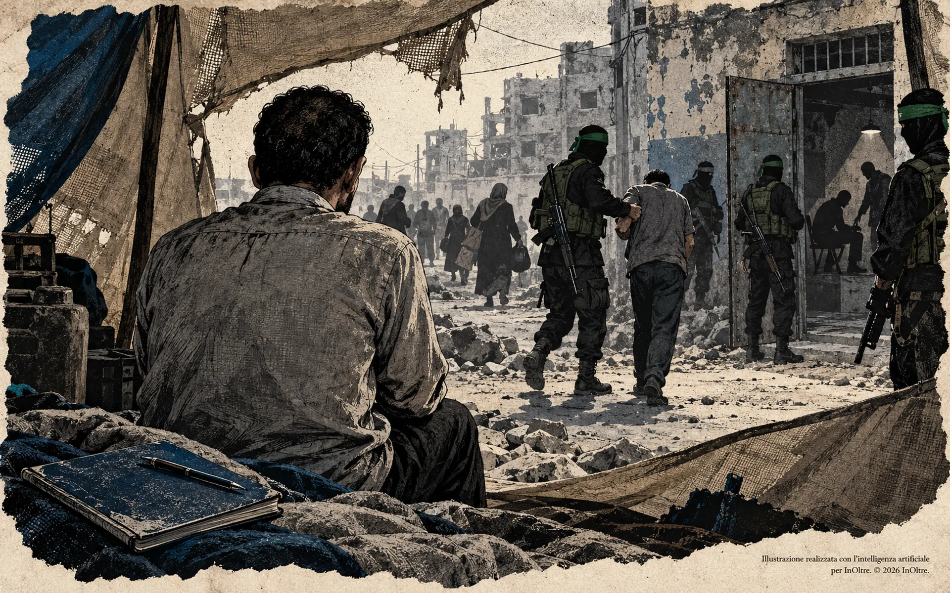 Illustrazione simbolica di uno sfollato di spalle all’ingresso di una tenda; sullo sfondo, uomini armati di Hamas conducono via un civile.