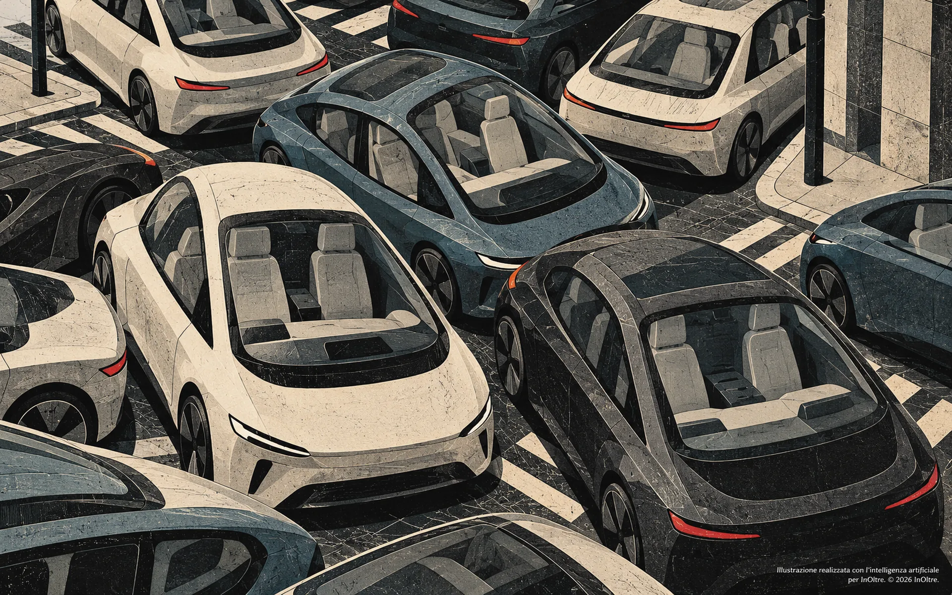 Un ingorgo di automobili futuribili senza guidatore, con gli abitacoli vuoti visibili, in un’illustrazione materica dai colori sobri.