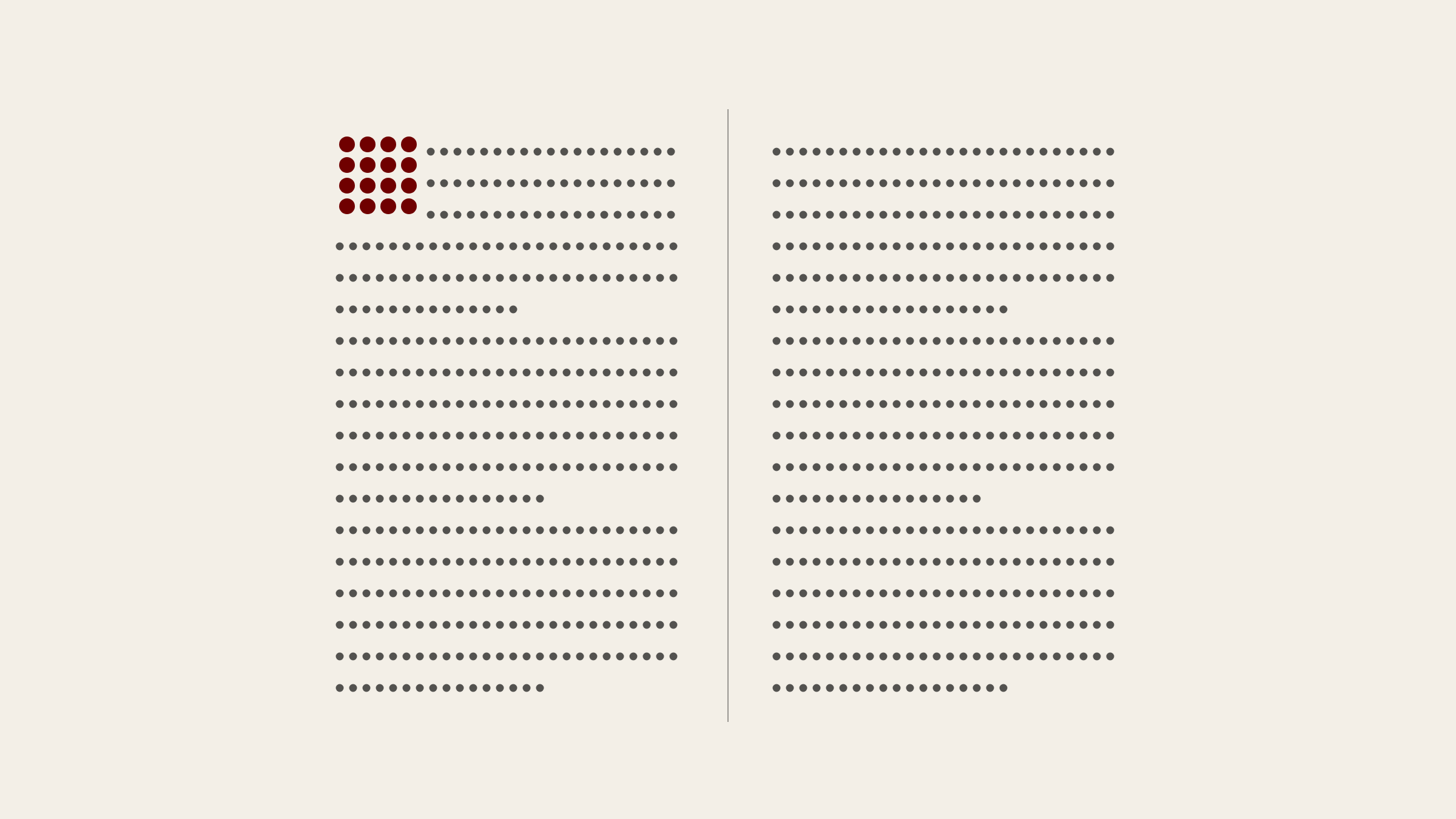 Un libro aperto: due pagine di testo fatte di punti, con il capolettera rosso.