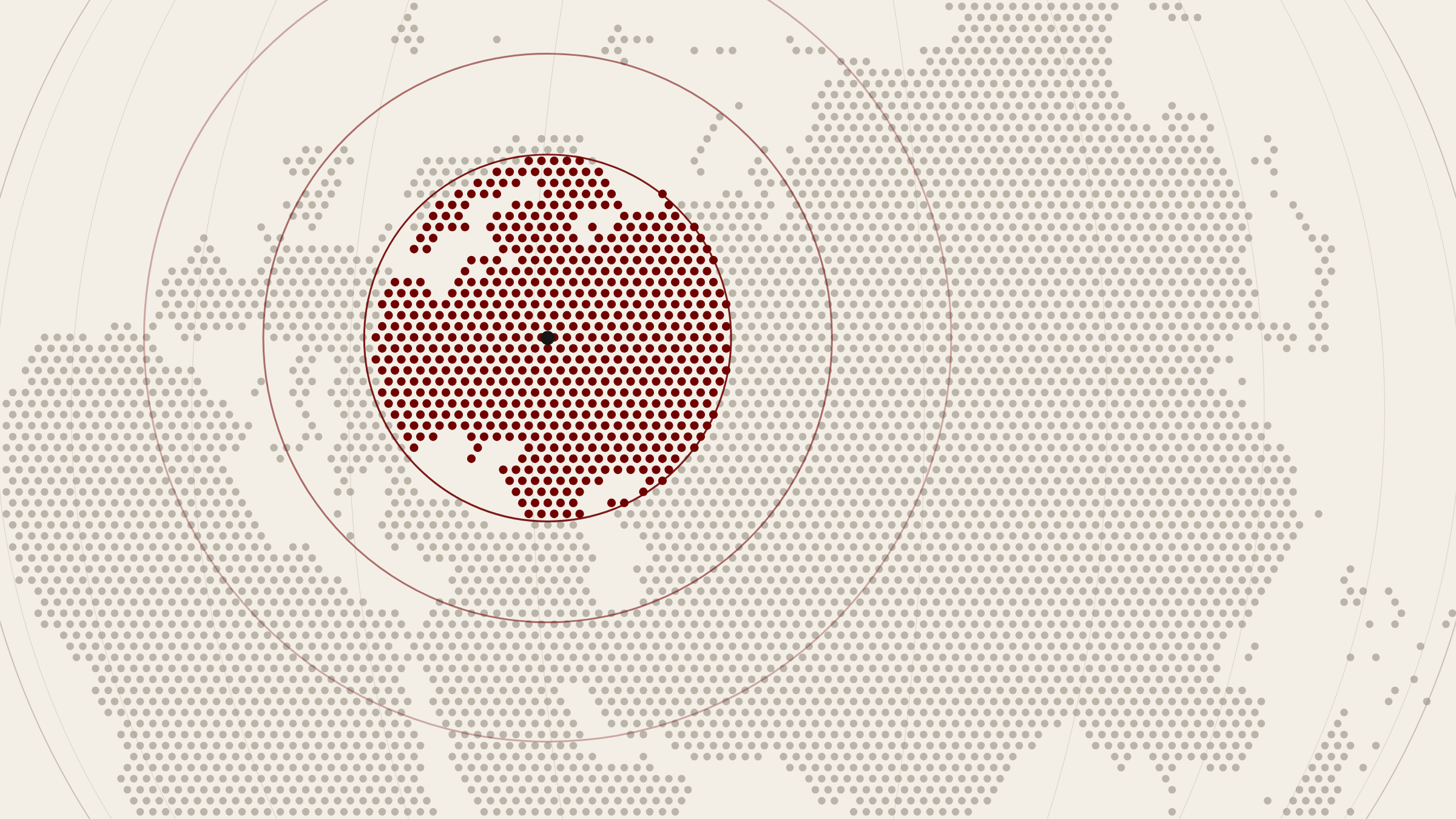 Globo a retino di punti, senza confini politici: un epicentro rosso indica l’area di cui si occupa la sezione.