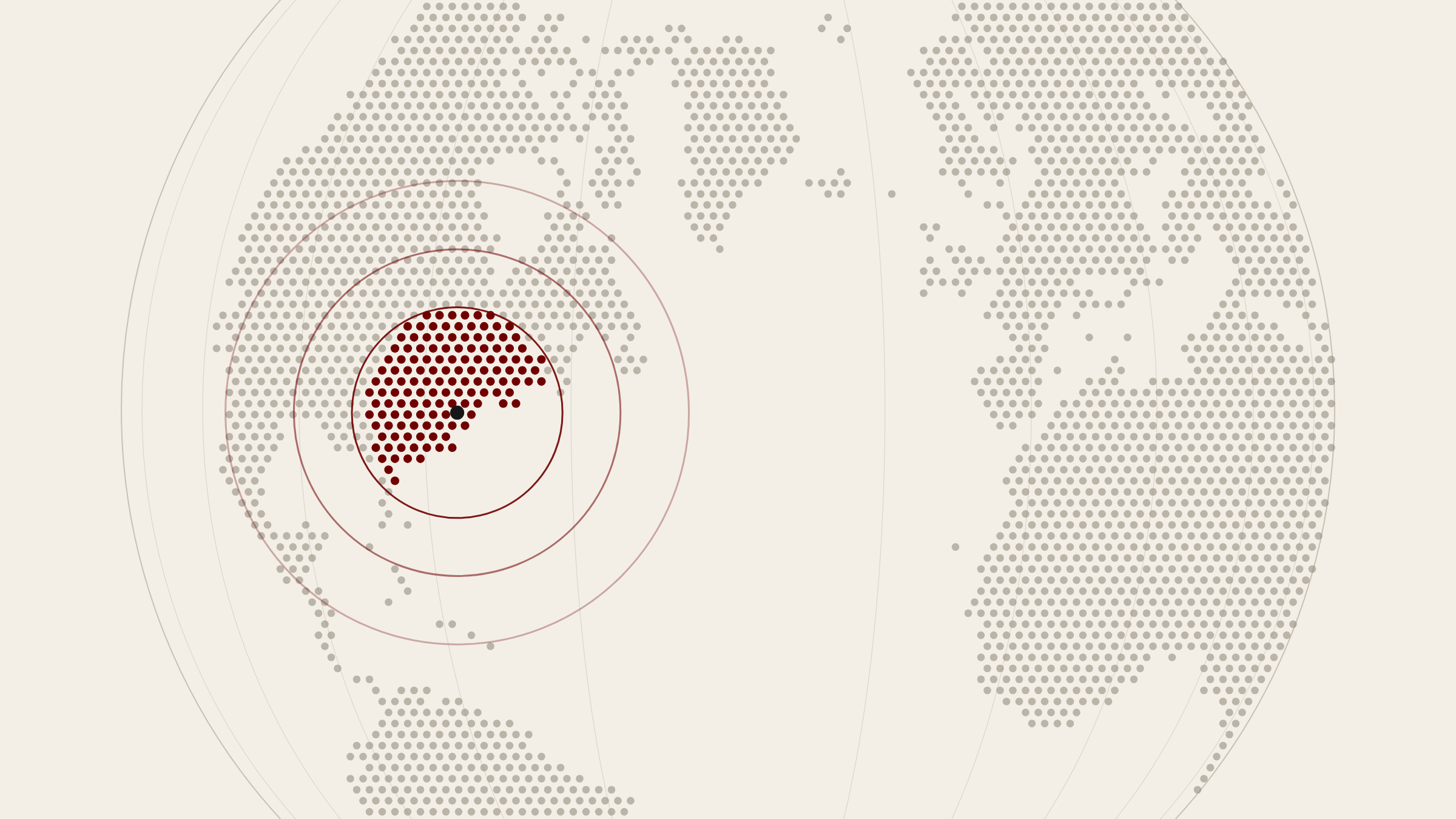 Globo a retino di punti, senza confini politici: un epicentro rosso indica l’area di cui si occupa la sezione.