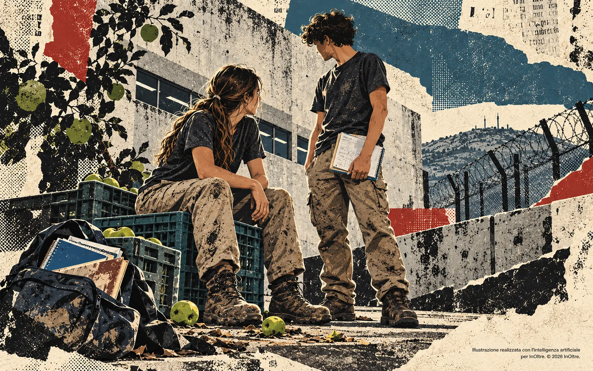 Due adolescenti in abiti da lavoro accanto a cassette di mele e libri scolastici, tra edifici in cemento e una recinzione di confine, in un collage dai contrasti marcati.