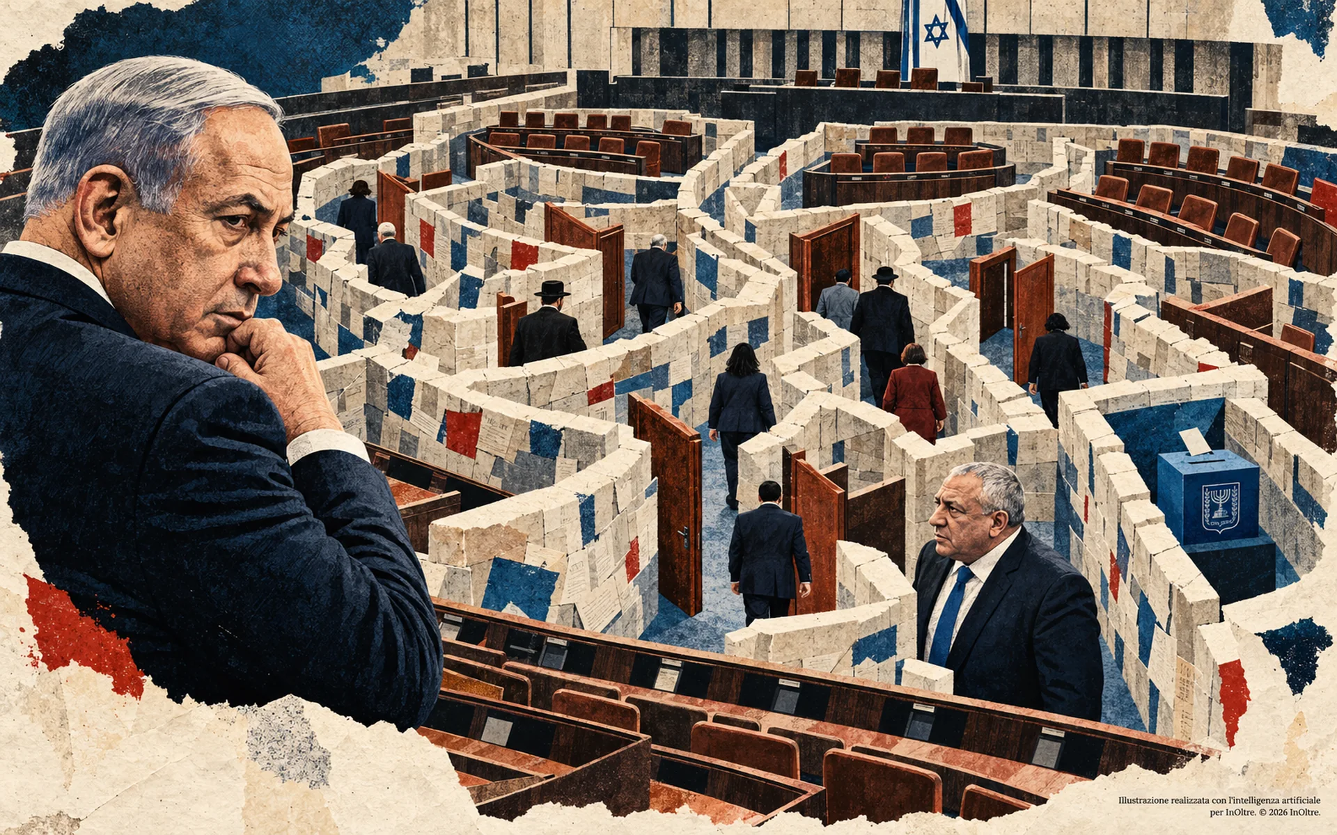 Netanyahu ed Eisenkot davanti a una Knesset trasformata in labirinto, con deputati nei corridoi, sedie parlamentari e un’urna elettorale.
