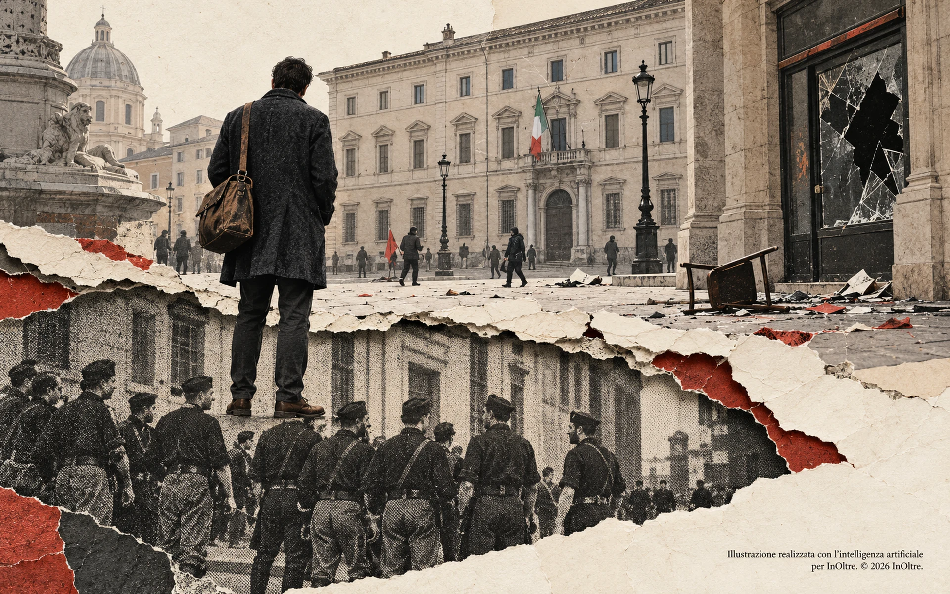 Una figura con borsa da lavoro osserva una piazza italiana segnata da disordini. Uno strappo nella carta rivela un’immagine di squadristi degli anni Venti.