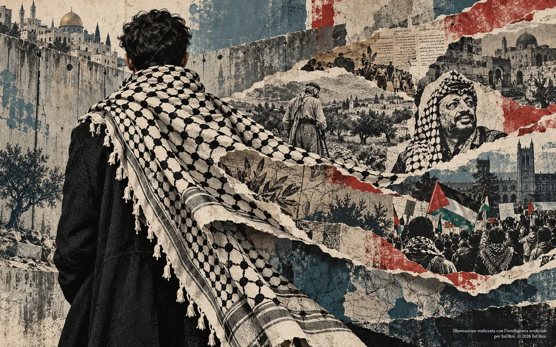 Figura di spalle con una kefiah che si trasforma in un collage di scene storiche, un ritratto di Arafat e manifestazioni universitarie.