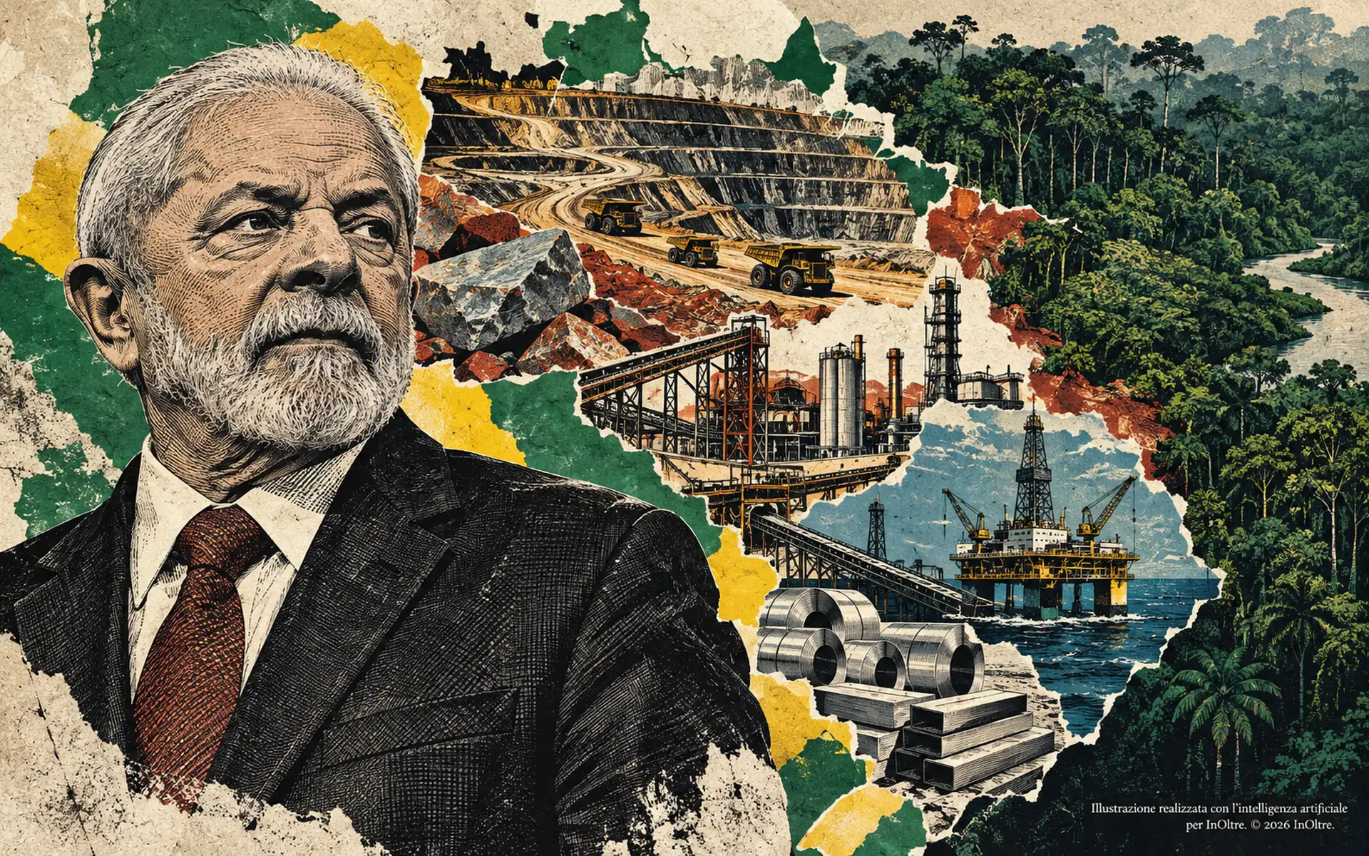 Ritratto illustrato di Lula accanto a un collage di miniere, impianti industriali, una piattaforma petrolifera e la foresta amazzonica, nei colori del Brasile.