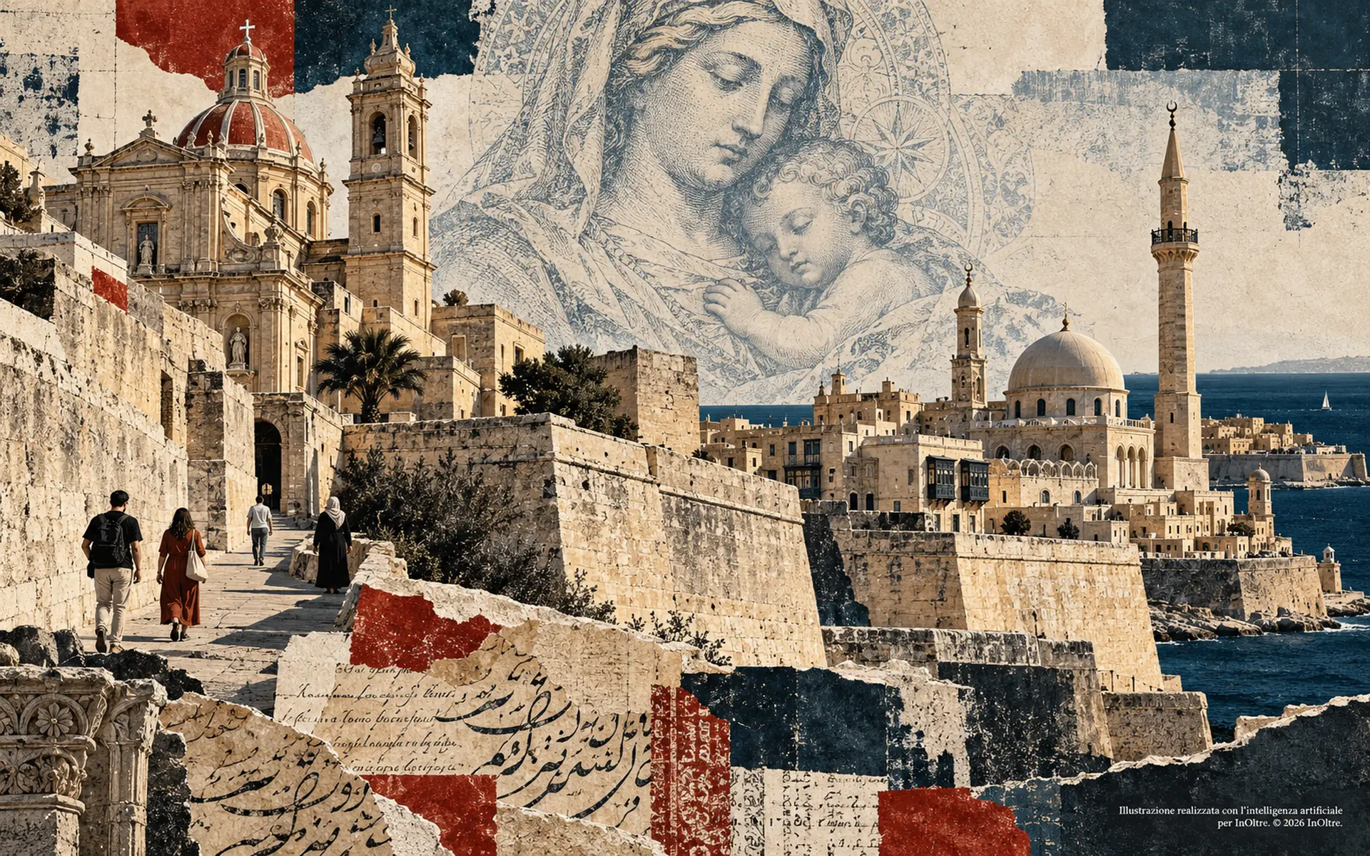 Collage simbolico di Malta con bastioni, chiesa barocca e moschea, una Madonna col Bambino in filigrana e frammenti di scrittura araba e latina.