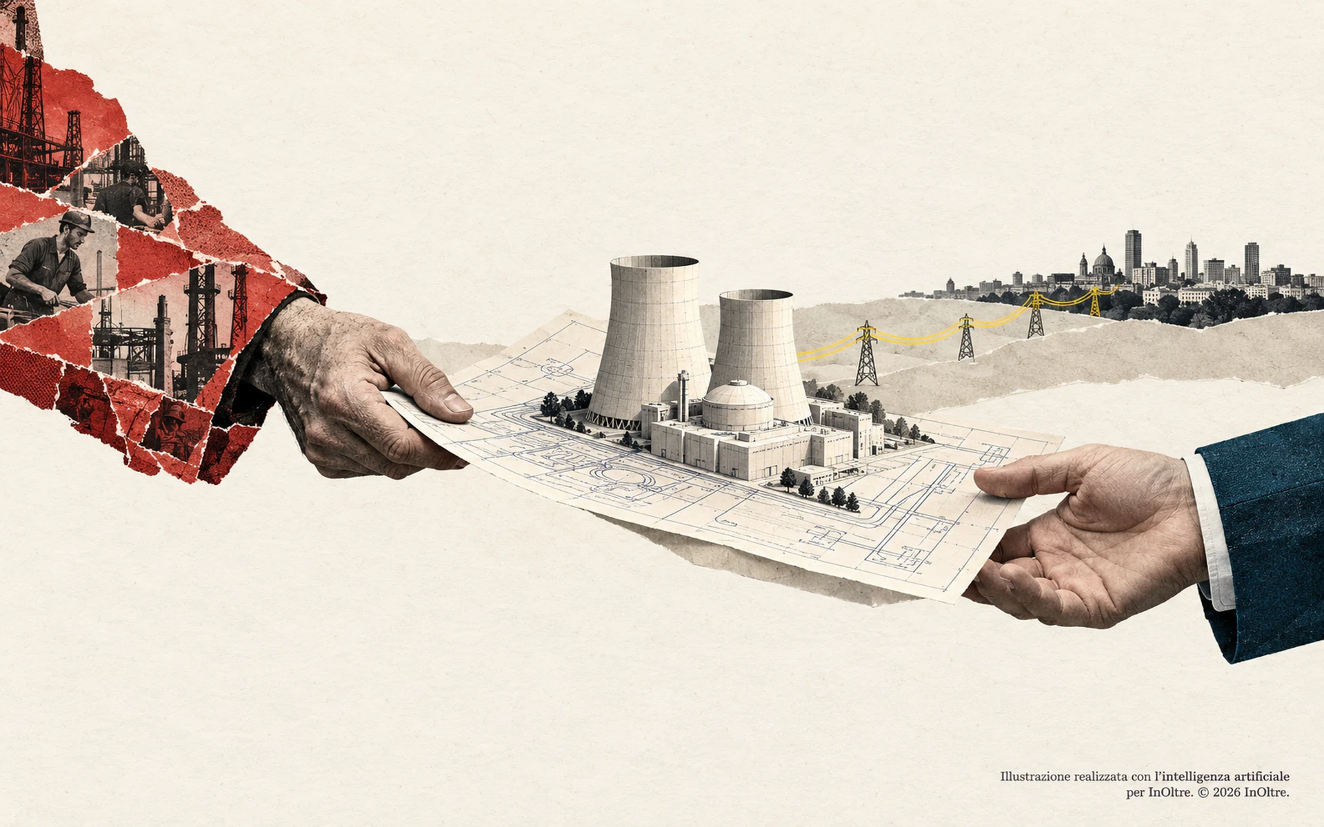 Una mano con manica rossa cede a una mano con manica blu il progetto di una centrale nucleare, collegata a una città da una linea elettrica.
