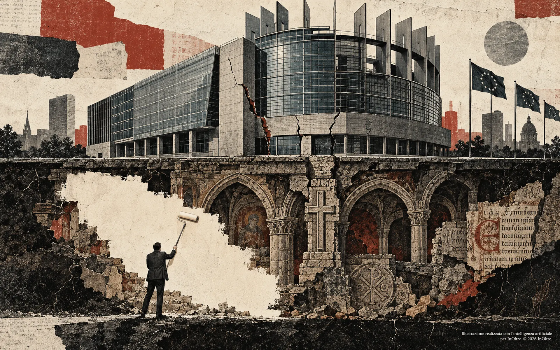 Un uomo di spalle cancella le fondamenta cristiane sotto un edificio europeo contemporaneo, mentre sulla facciata compaiono crepe.