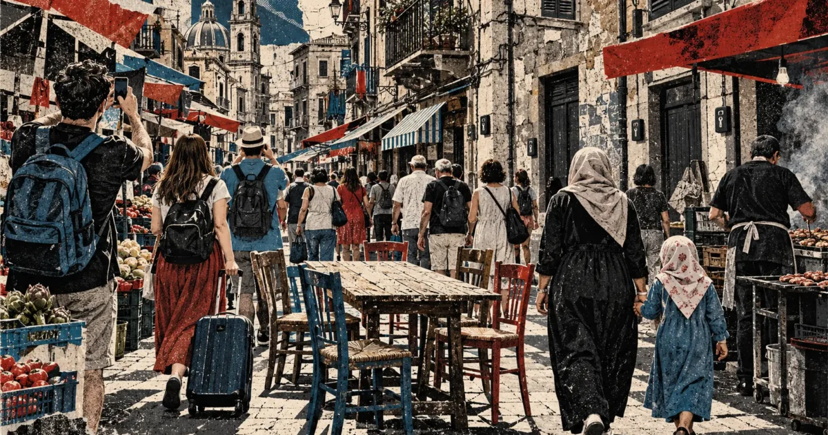 Mercato di Palermo con turisti e passanti di spalle. Una donna tiene per mano una bambina con il velo; al centro della strada, un tavolo vuoto con sedie spaiate.