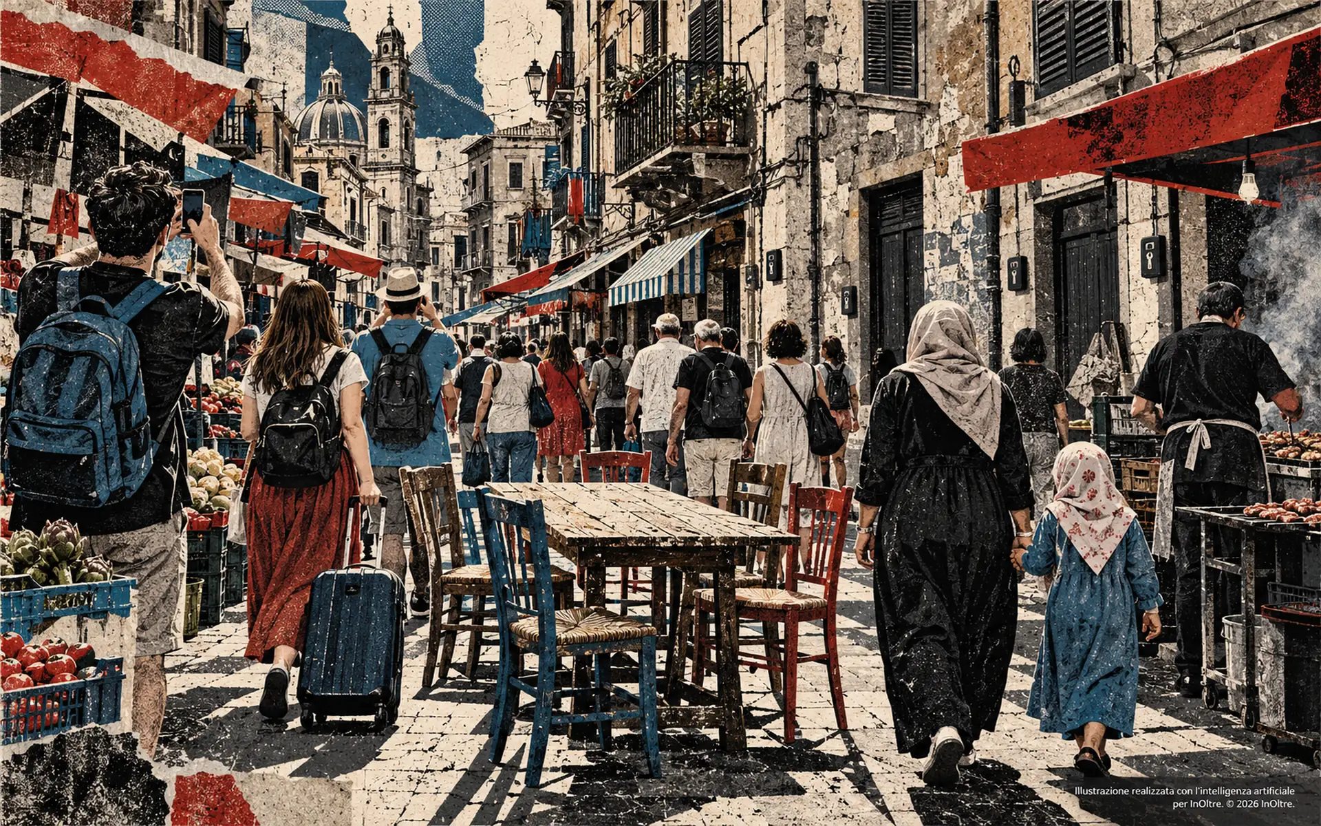 Mercato di Palermo con turisti e passanti di spalle. Una donna tiene per mano una bambina con il velo; al centro della strada, un tavolo vuoto con sedie spaiate.