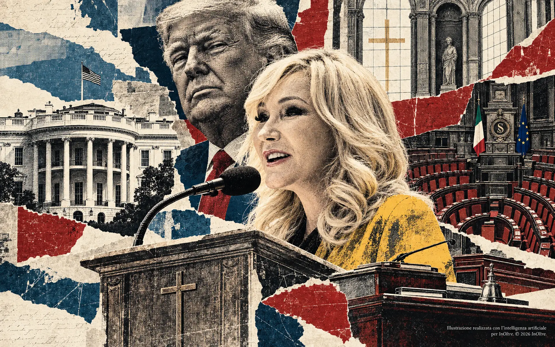 Collage illustrato con Paula White-Cain al microfono e Donald Trump alle sue spalle, tra la Casa Bianca, l’aula del Senato italiano e simboli religiosi.