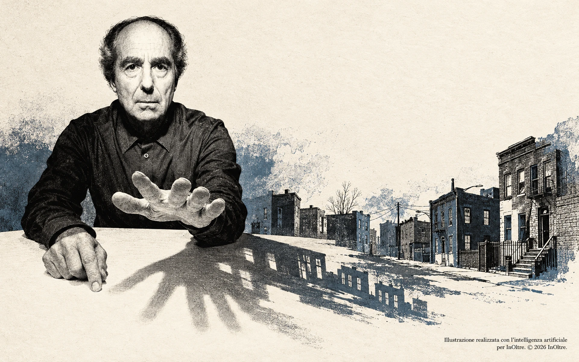 Philip Roth seduto a un tavolo, con una mano protesa. L’ombra della mano si intreccia alle facciate di un quartiere di Newark.